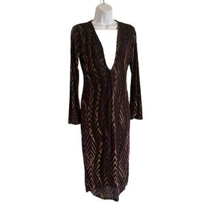 MAGIA USA Velour Bodycon Dress Womens Size L Stretch Midi Semi Sheer L/S Retro
